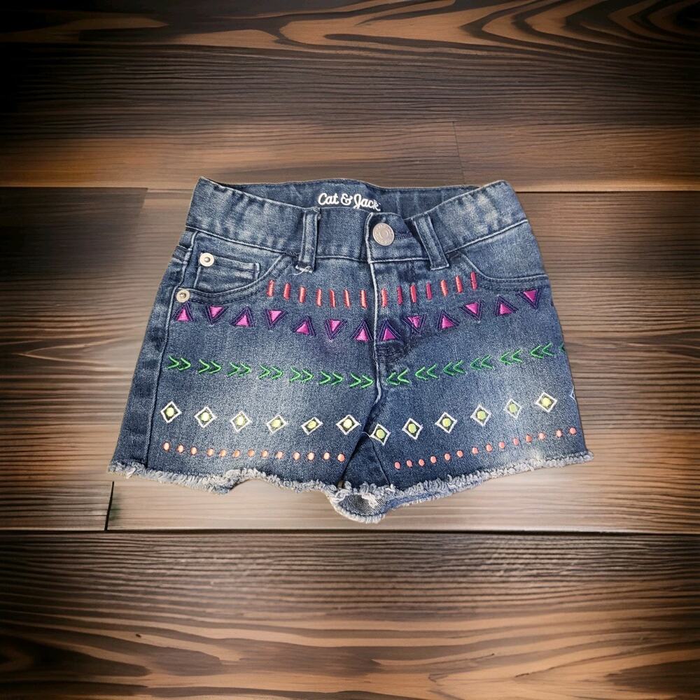 Cat & Jack Girls Embroidered Denim Shorts Size 3T Tribal Boho Frayed Hem